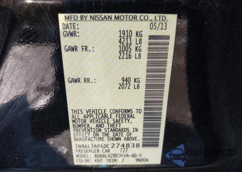 2013 Nissan Altima 2.5 Sl из США, поврежденный, VIN 1N4AL3AP6DC274838